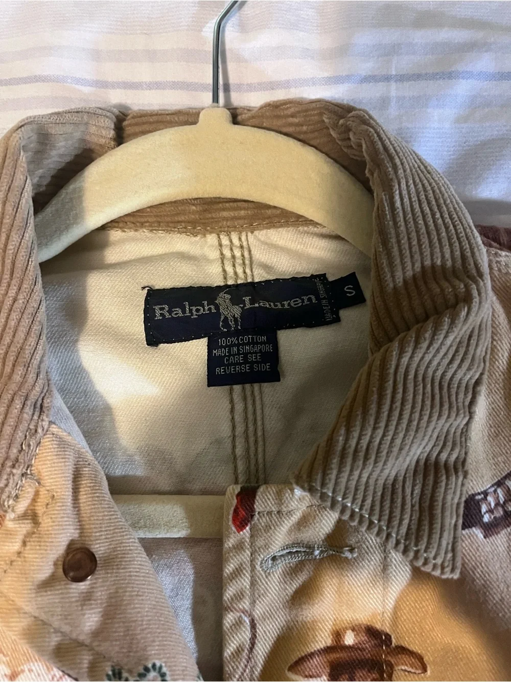 Rare Vintage Ralph Lauren Tan Western Rodeo Print Corduroy-Collar Jean Jacket - Picture 3 of 8